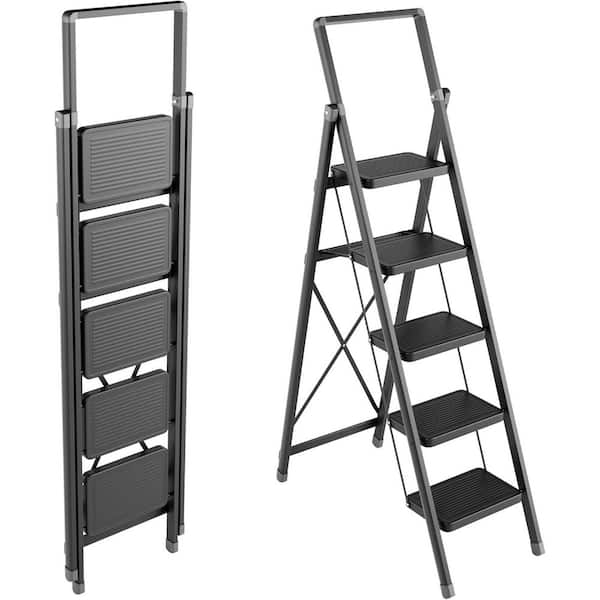 Reach 55.5 in. H 5-Step Folding Ladder Wide Anti-Slip Pedal Aloy Steel Construction Lightweight Portable Black Stool