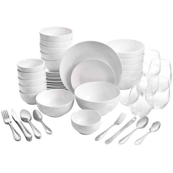 HOMETRENDS 60-Piece Round Ceramic Dinnerware Combo Set in White Service of 6