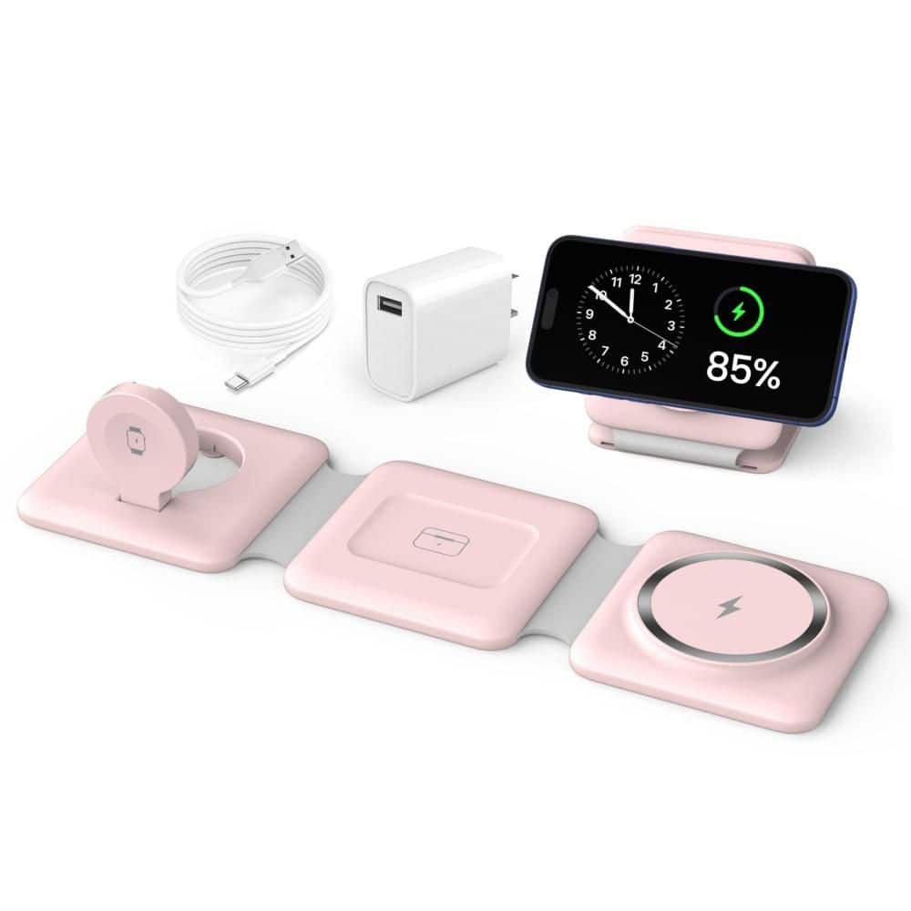 Foldable Magnetic Wireless Charging Station for Phone, Watch and Earpods, Multiple Devices Travel Charging Pad, Pink price history on PriceWatchPro