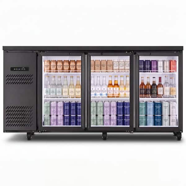 72 in. W 20 cu. ft. Commercial 3-Glass Door Back Bar Cooler Refrigerator with LED Lighting in Black