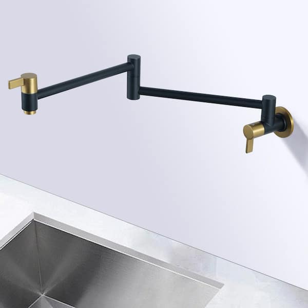 Brass Wall Mount Pot Filler with Double Handle, 2 aerators and Swing Arms Folding Kitchen Faucet in Black and Gold