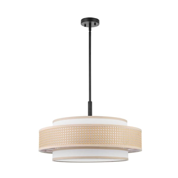 MLiAN 24 in. 5-Light Drum Chandelier with 2-Tier Woven Rattan and Fabric Shades