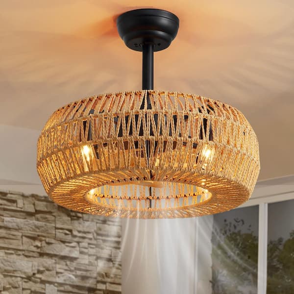 20 in. Indoor Boho Brown Twine Caged Low Profile Ceiling Fan with No Bulb Included with Remote Included