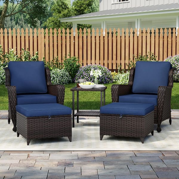 5-Piece Wicker Outdoor Chairs Patio Conversation Set Chat Set with Dark Blue Cushions 2 Chairs, 2 Ottomans and 1 Table