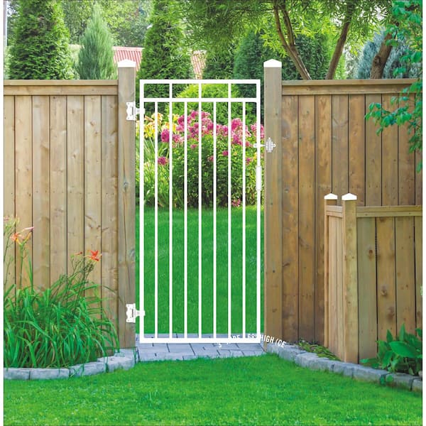Glossy White Flat-Top Benitoite Steel Gate (33 in. W x 68 in. H), Self-Close Hardware, Double-Sided Handle, 2x2 Hinges