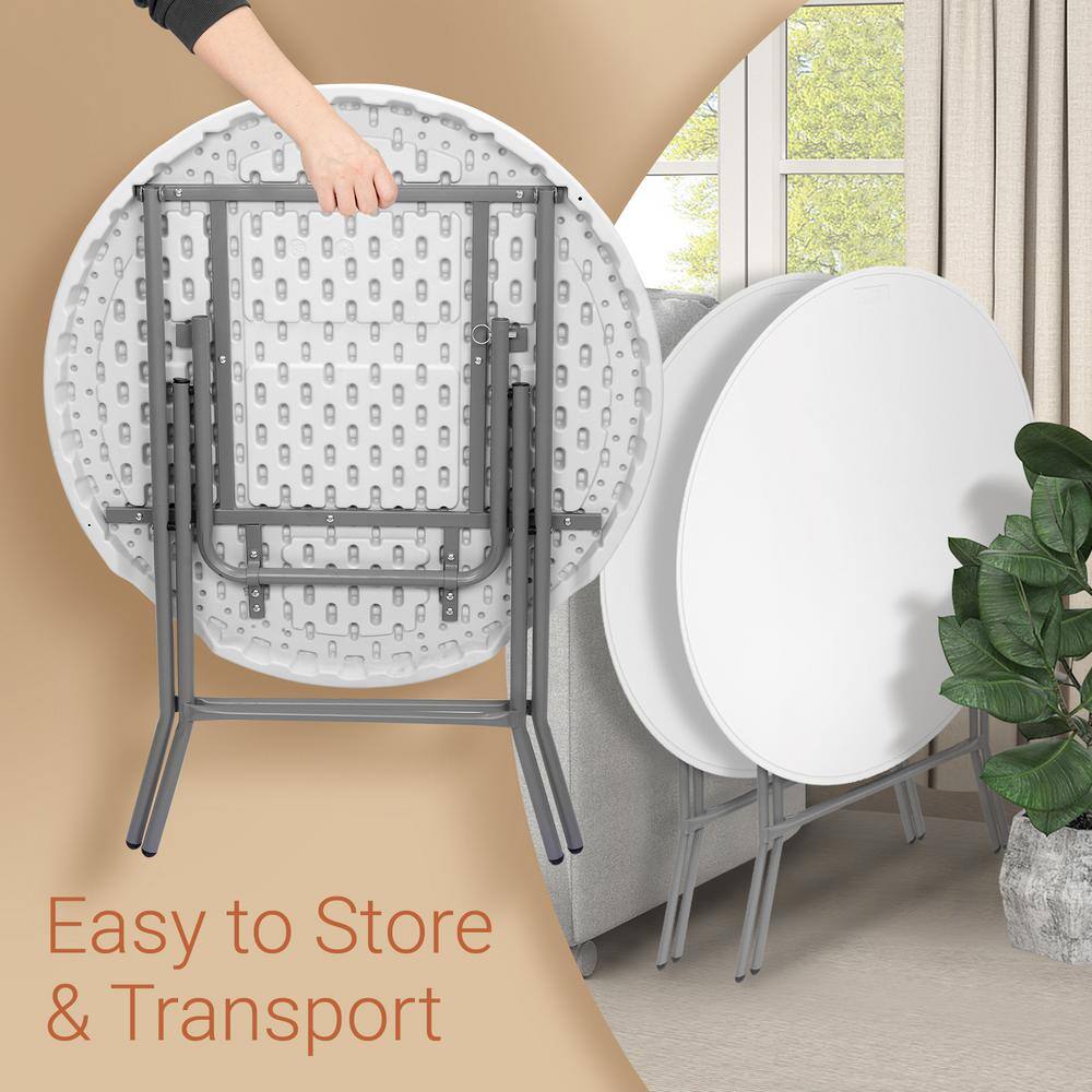 Vingli 32" Round White Plastic Folding Dining Table with Gray Steel Frame