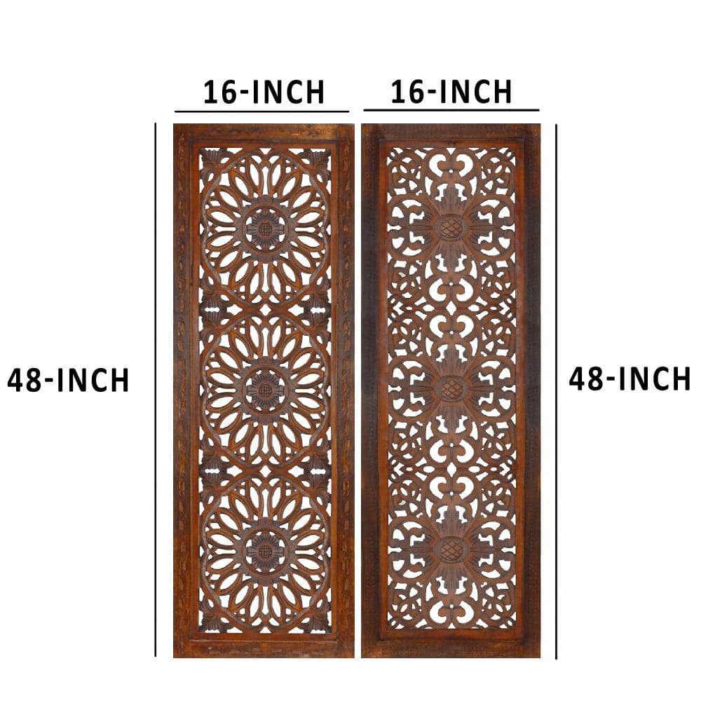 Burnt Brown Mango Wood Wall Panels with Medallion Carving, 16" x 48"