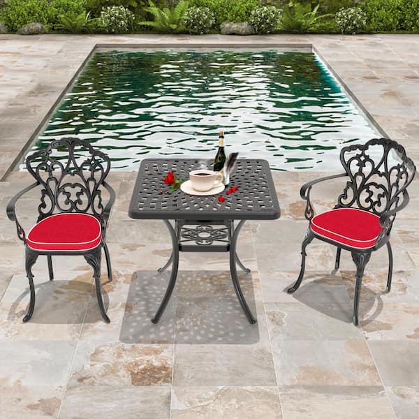 Runesay 3-Piece Set of Cast Aluminum Patio Outdoor Dining Set with Random Colors Cushions and Black Frame