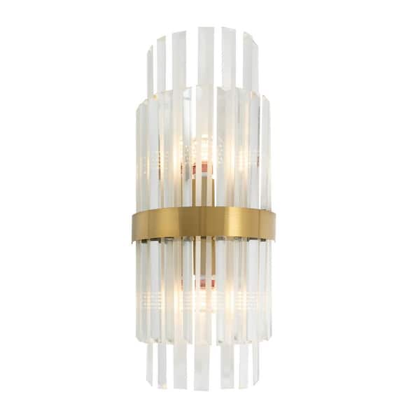 OUKANING 7.87 in. 2-Light Gold Modern Luxury Indoor Wall Lamp Wall Sconce with Clear Glass Shade for Bedroom, No Bulbs Included