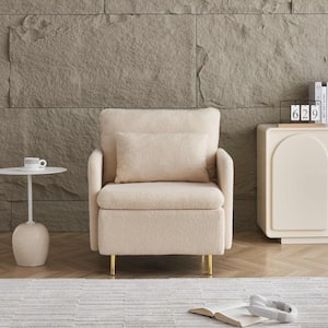 Beige Modern Accent Chair, Sherpa Upholstered Cozy Comfy Armchair with Pillow Single Club Sofa Chairs with Metal Legs