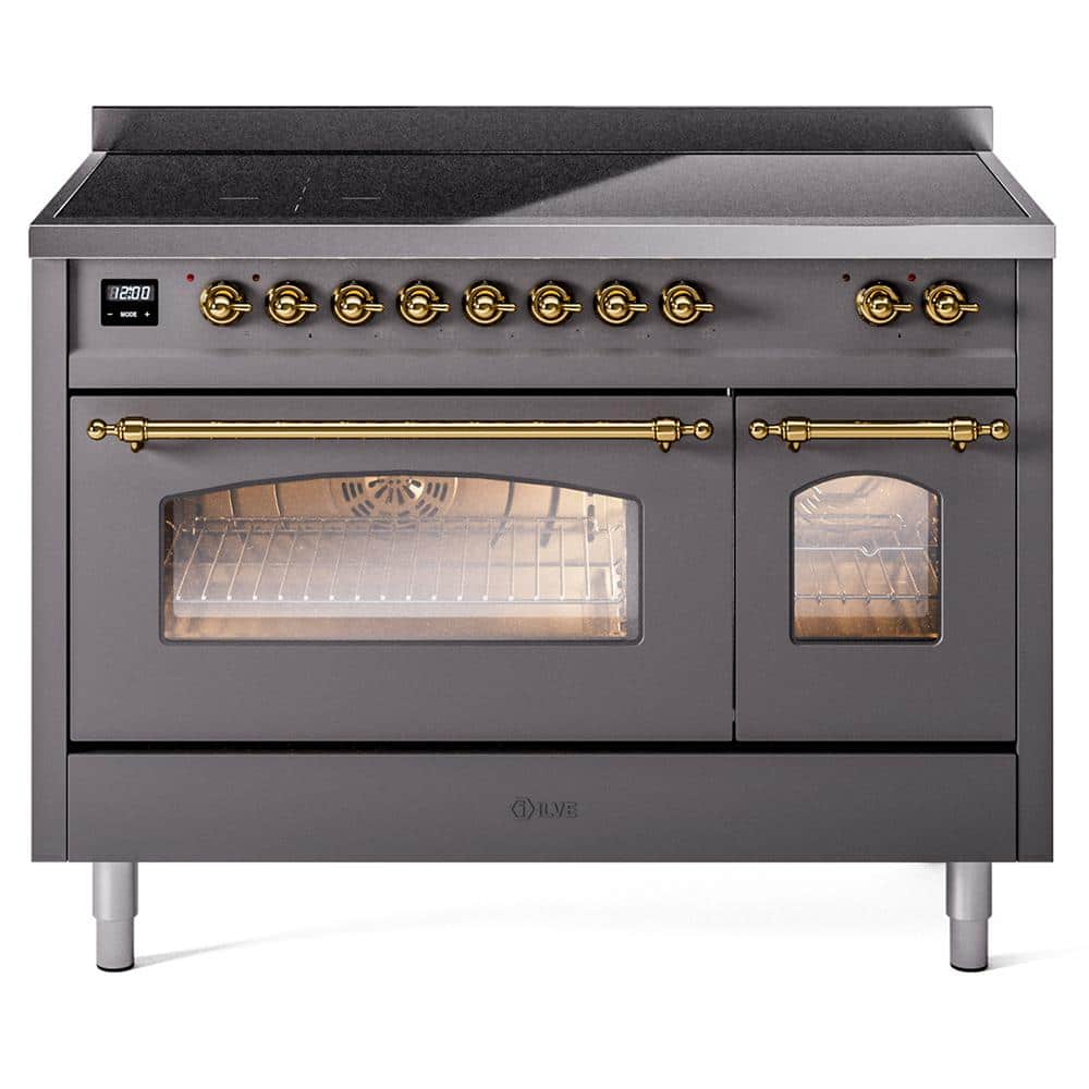 Nostalgie 48 in. 6 Zone Freestanding Double Oven Induction Range in Graphite Matte with Brass Trim -  ILVE, UPI486NMPMGG