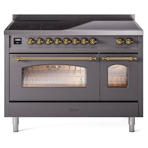 Nostalgie 48 in. 6 Zone Freestanding Double Oven Induction Range in Graphite Matte with Brass Trim