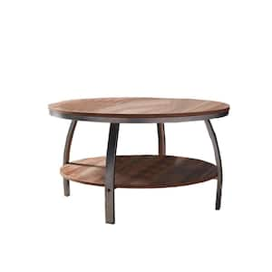 35.43 in. Walnut Round MDF Wood Top Coffee Table with Wooden Storage Shelf