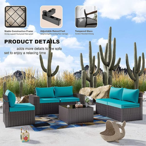 6-Piece Wicker Outdoor Sectional Set with Blue Cushion