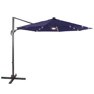 10 ft. Solar LED Navy Blue Cantilever Patio Umbrella with Cross Base, Outdoor Offset Hanging 360°