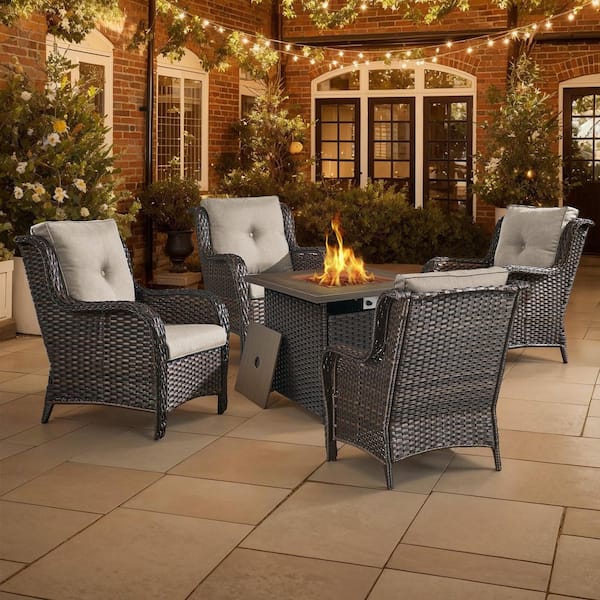 Pocassy 5 Piece Wicker Patio Chairs for 4 with 30 in. Gas Propane Fire Pit Table Outdoor Chair Sets