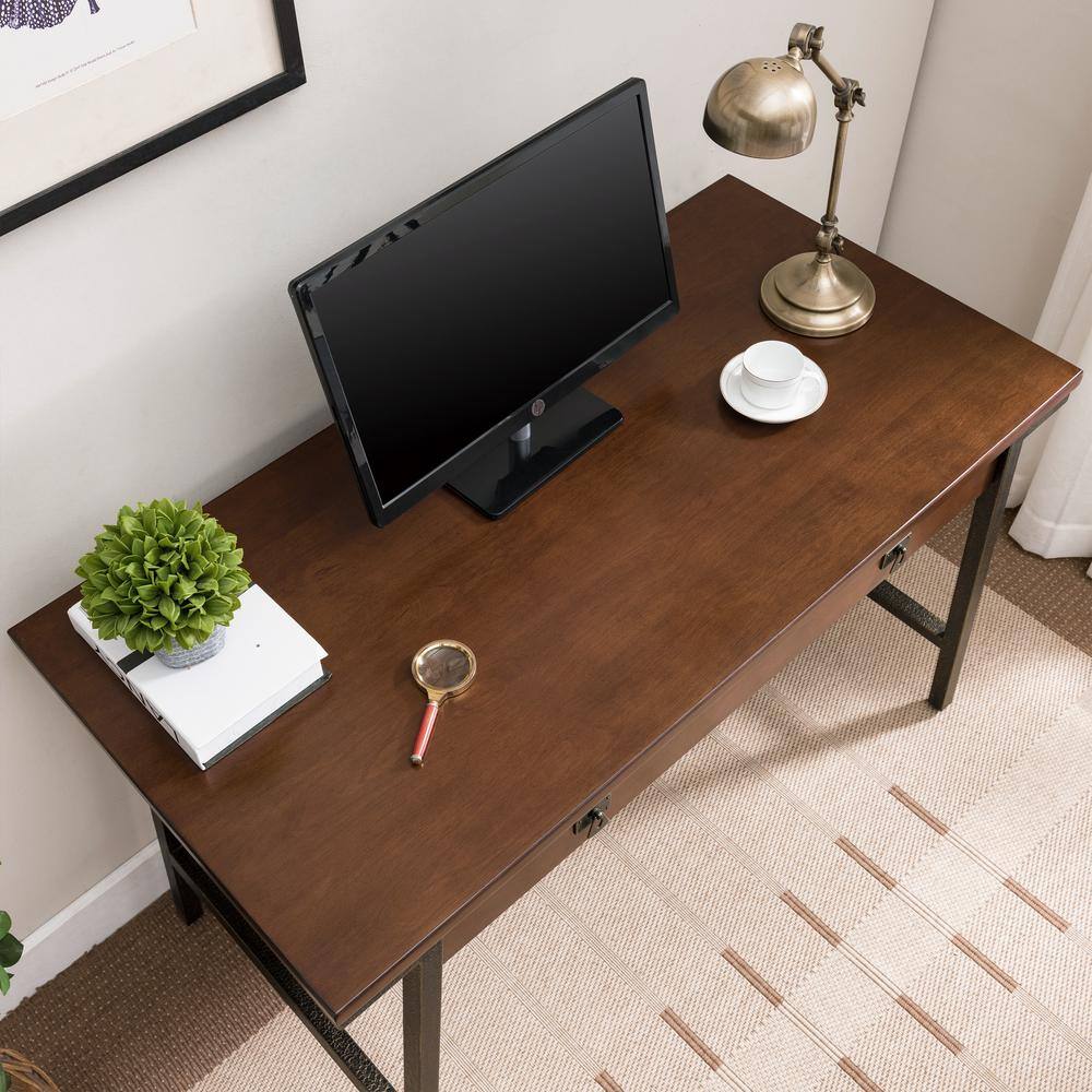 Empiria Medium Walnut Office Desk with Foundry Bronze Frame and Keyboard Tray