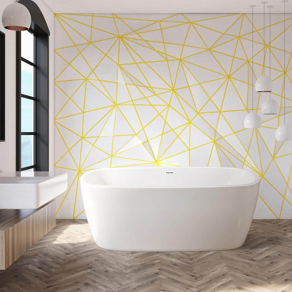59'' Glossy White Acrylic Freestanding Soaking Bathtub with Bamboo Tray