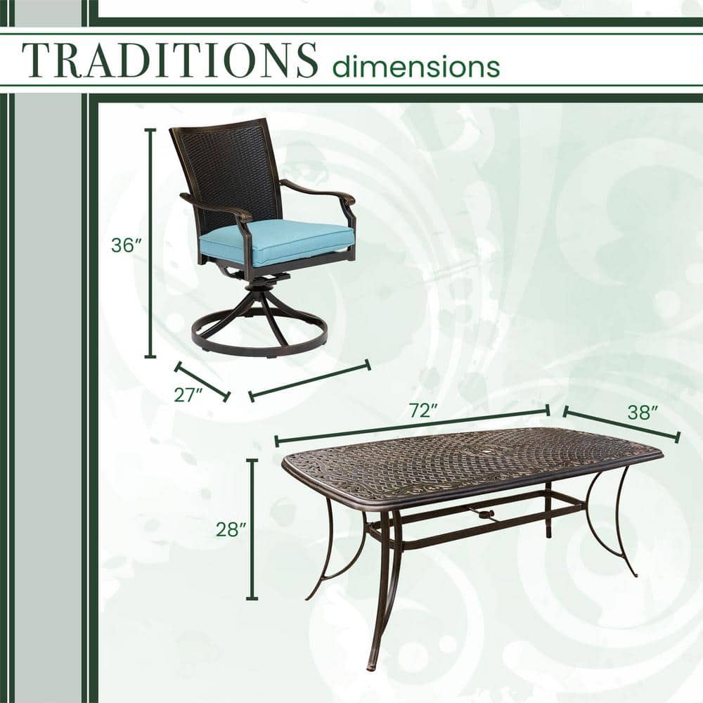Traditions Elegance 7-Piece Blue Cast-Top Outdoor Dining Set with Wicker Swivel Rockers