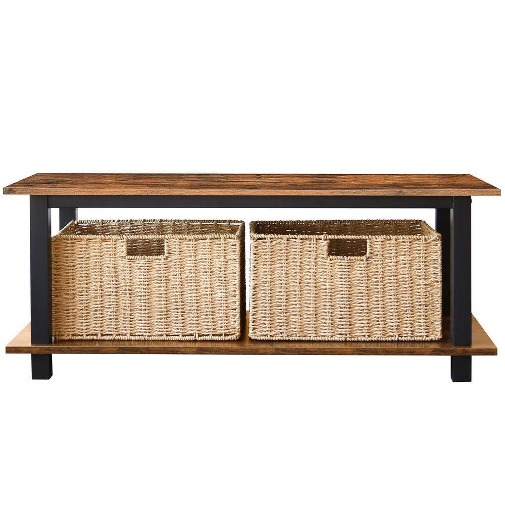 40 in. Brown Medium Rectangle Wood Coffee Table with 2-Basket Storage