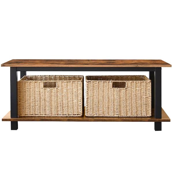 Unbranded 40 in. Brown Medium Rectangle Wood Coffee Table with 2-Basket Storage