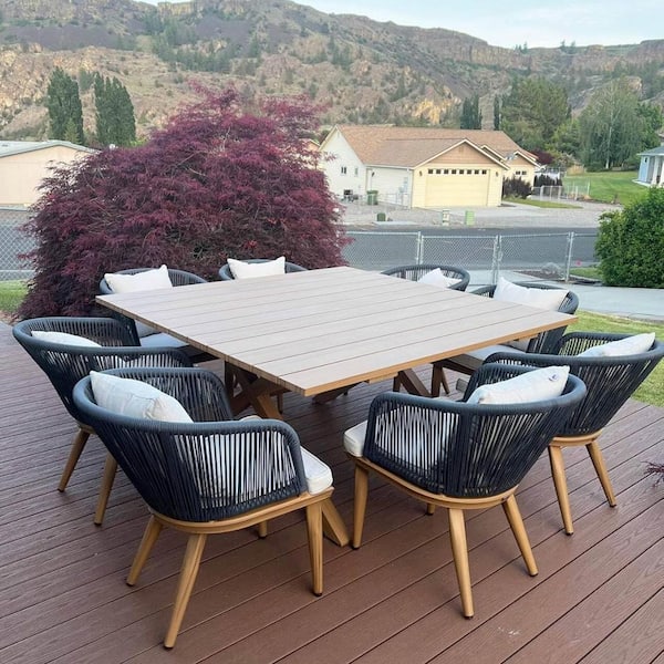 9-Piece Aluminum Frame Wicker Square Outdoor Dining Set with Beige Cushions and Pillows, Teak