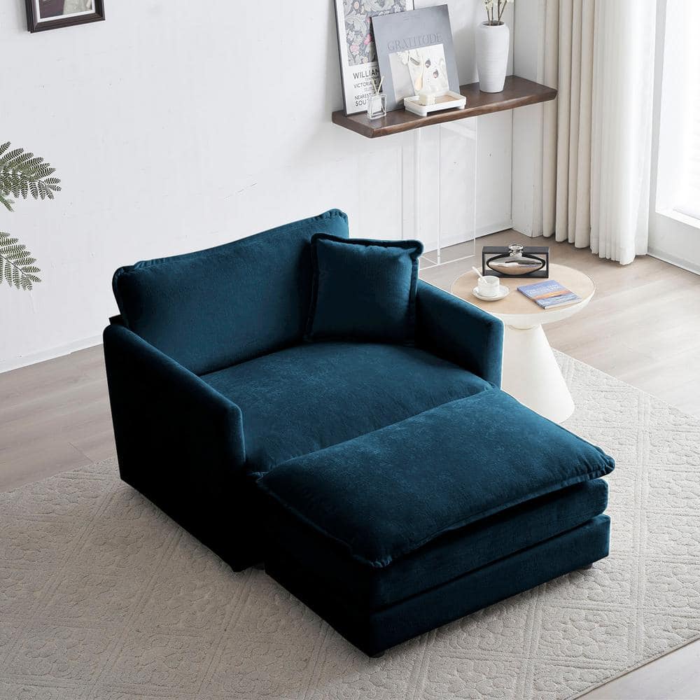 Magic Home 35 in. Modern Armchair Accent Reading Chair Chenille Upholstered 2 Seats Loveseat with Ottoman in Blue CS W39526001 The Home Depot