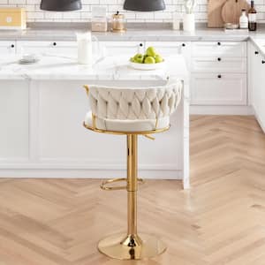 Adjustable Barstools Set, Counter Height Stools with Back and Arm, Velvet Woven Kitchen Island Stools, White Set of 4