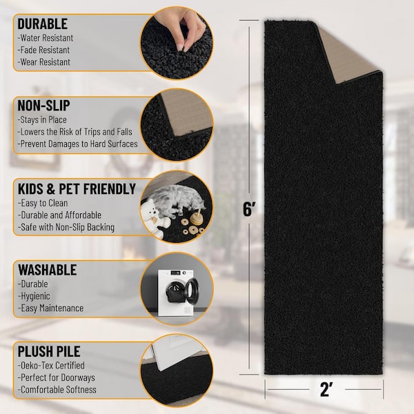 Luxury Bath Collection Non-Slip Rubberback Solid Soft Black 2 ft. x 6 ft. Indoor Runner Rug
