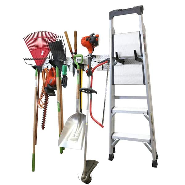 8 in. H x 64 in. W Garage Tool Storage Lawn and Garden Tool Organizer Rack with White Metal Pegboards and Black Hook Set