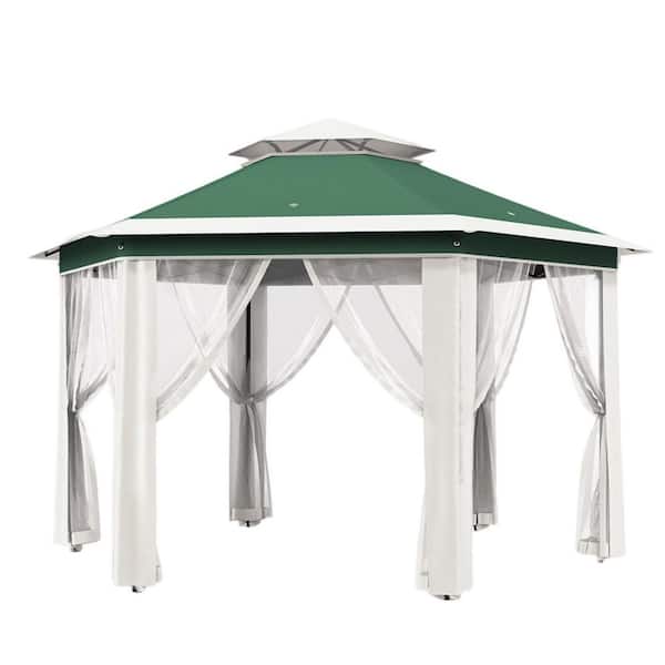 13 ft. x 13 ft. Beige and Green Steel Pop Up Outdoor Gazebo with 6 Zippered Mesh Netting, Sidewalls for Backyard, Garden