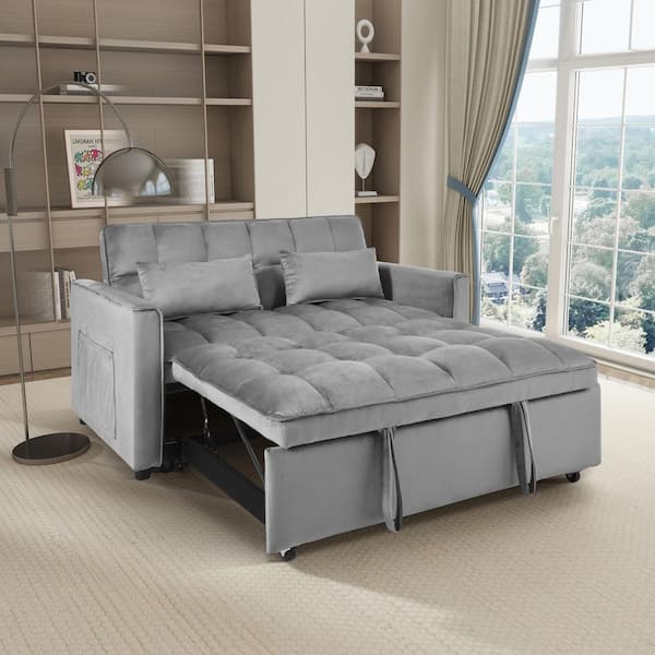 57 in. W Gray Velvet Full Size Sofa Bed with Reclining Backrest and Pillows Convertible Sleeper Loveseat Couch Bed Chair W1998121160-ZT