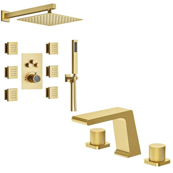 YAWWALK 7-Spray Wall Mount Dual Fixed and Handheld Shower Head and 8 in. Widespread Basin Faucet 1.8 GPM in Brushed Gold