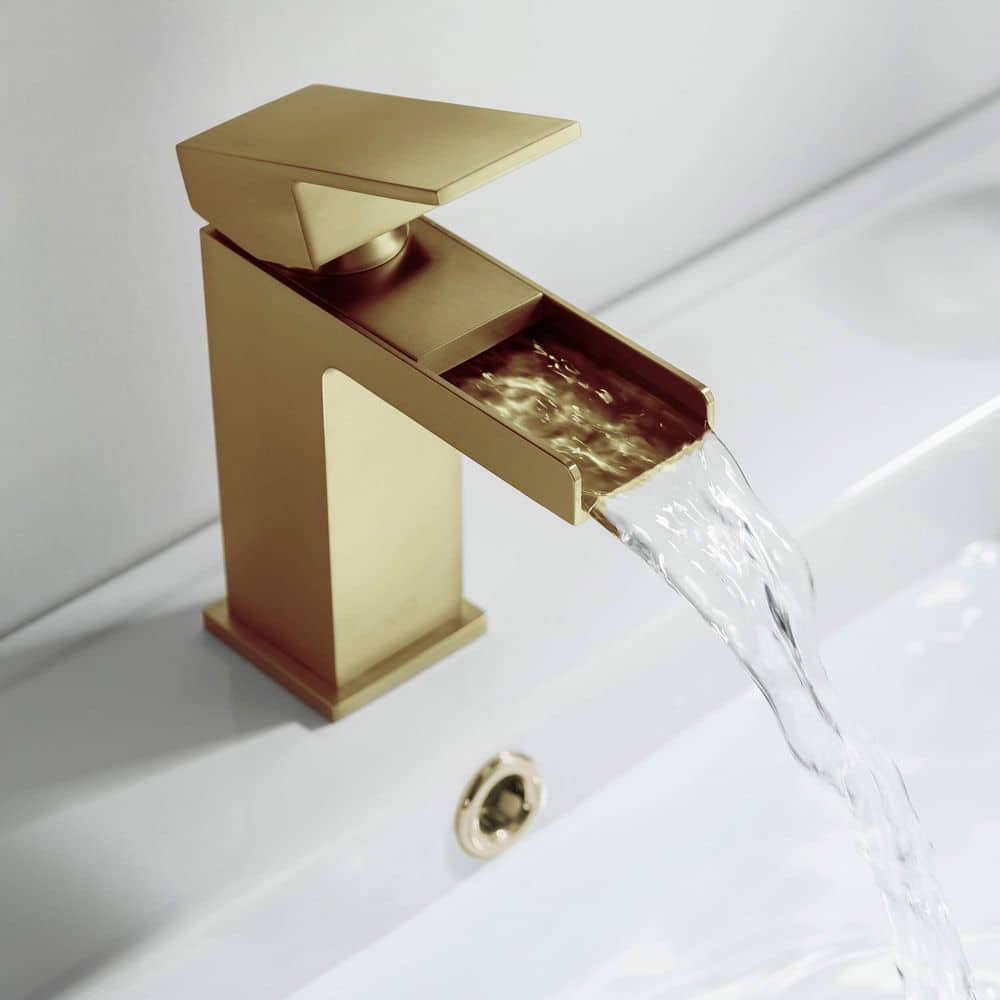 Cubic Elegance Single Handle Brushed Gold Brass Bathroom Faucet