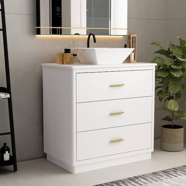 FUFU&GAGA 29.9 in. W x 18.1 in. D x 34.1 in. H Freestanding Bath Vanity in White with White Marble Top and 3-Drawers