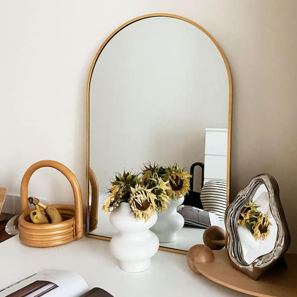 HOMLUX 20 in. W x 30 in. H Round Framed Wall Bathroom Vanity Mirror in Gold Decorative Modern Rust-Resistant Metal Frame