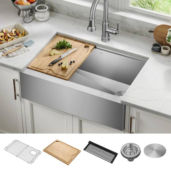 Kore 30 in. Farmhouse/Apron-Front Single Bowl 16 Gauge Stainless Steel Kitchen Workstation Sink with Accessories