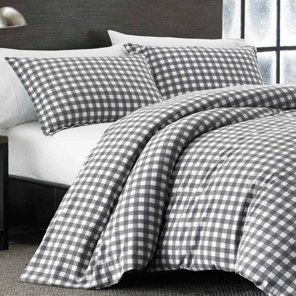 Full Gray Cotton Flannel Reversible Comforter Set with Shams