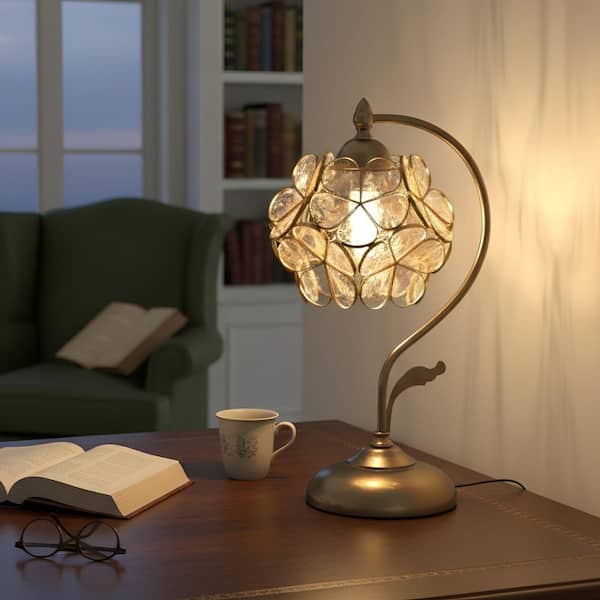 16.5 in.Gold Tiffany Style Cherry Blossom Clear Glass Table Lamp, 1-Light Decorative Stained Glass Lamp with Brass Base