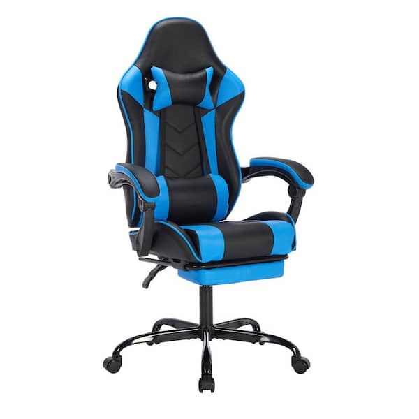 CSC DECOR INC Leather Seat Reclining Ergonomic PC Gaming Chair in Blue with Massage Footrest Comfortable Headrest and Lumbar Support