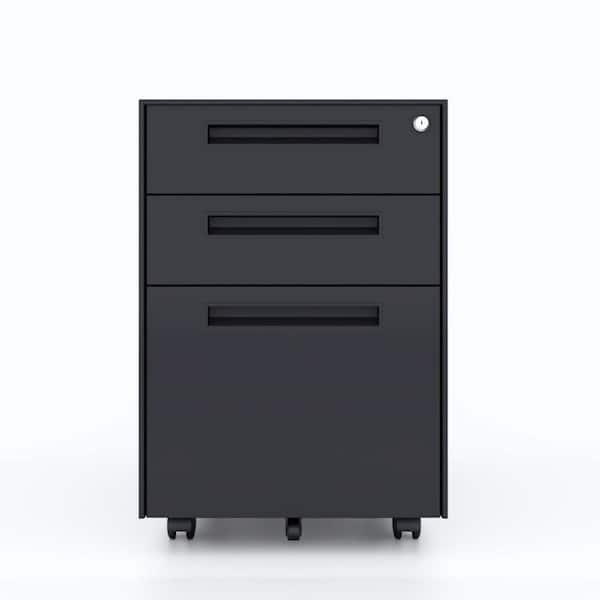 Amucolo 3-Drawer Black Metal 22.44 in. H x 14.96 in. W x 19.68 in. D Mobile Vertical File Cabinet with Lock