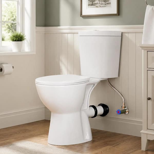 19 in. 2-Piece 1.0/1.6 GPF Dual Flush Round Toilet in White, Rear Outlet Design, with Soft Close Cover