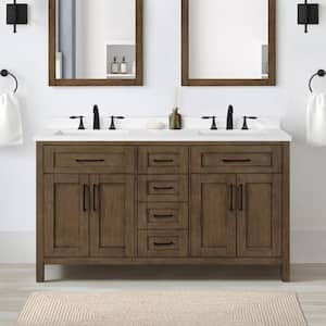 Tahoe VI 72 in. W x 21 in. D x 35 in. H Double Sink Vanity in Almond Latte with White Engineered Marble Top and Outlet