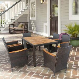 Brown 7-Piece Wicker Outdoor Dining Set with Beige Cushions and Wooden Tabletop