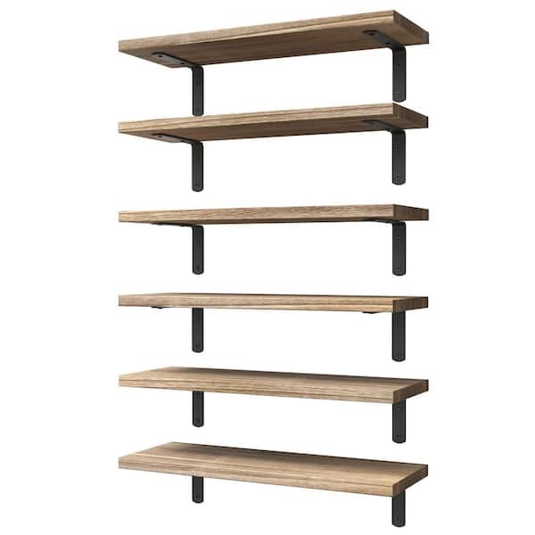 6-Piece 6 in. x 16.5 in. x 0.6 in. Wood Floating Shelves for Wall Decor, Farmhouse Shelf for Bedroom, Living Room, Brown