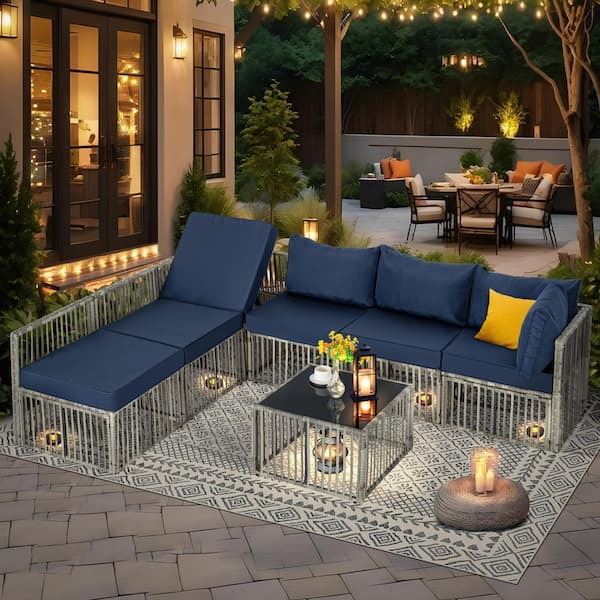 JUSKYS Long Outdoor 7-Piece Gray Wicker/Rattan Sectional Seating Group with Royal Blue Cushions