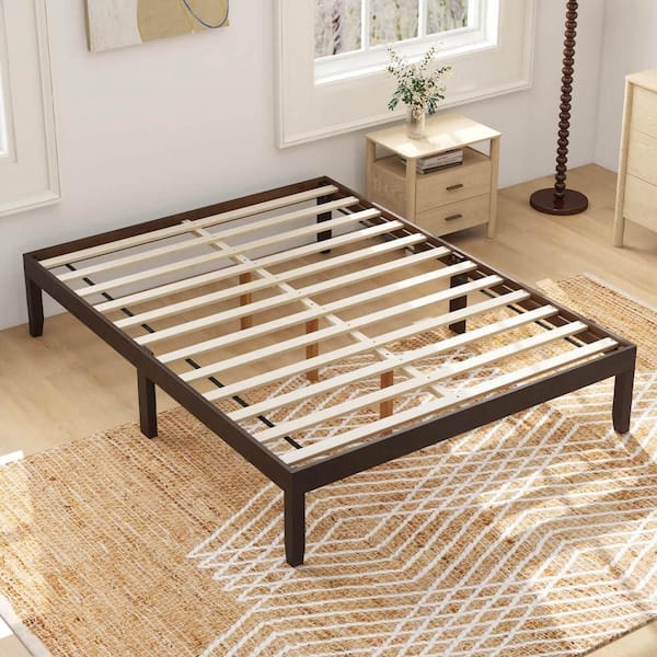 Brown Wooden Frame Full Size Platform Bed 14 in. with Rubber Wood Legs Under-bed Storage