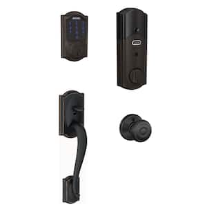 Bronze Connect Smart Deadbolt with Camelot Trim and Camelot Aged Entry Door Handle Set with Georgian Door Knob