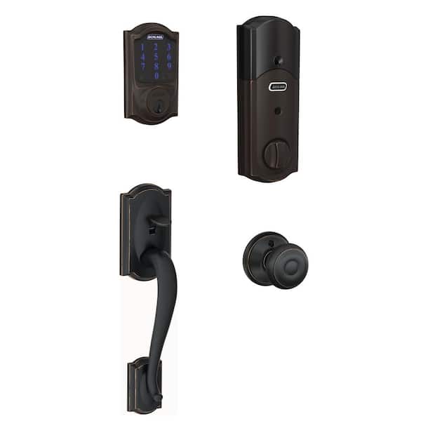 Schlage Bronze Connect Smart Deadbolt with Camelot Trim and Camelot Aged Entry Door Handle Set with Georgian Door Knob