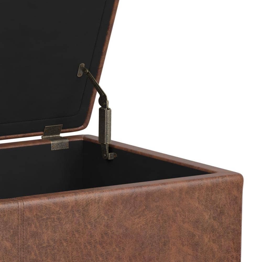 Distressed Saddle Brown Faux Leather Storage Ottoman Bench